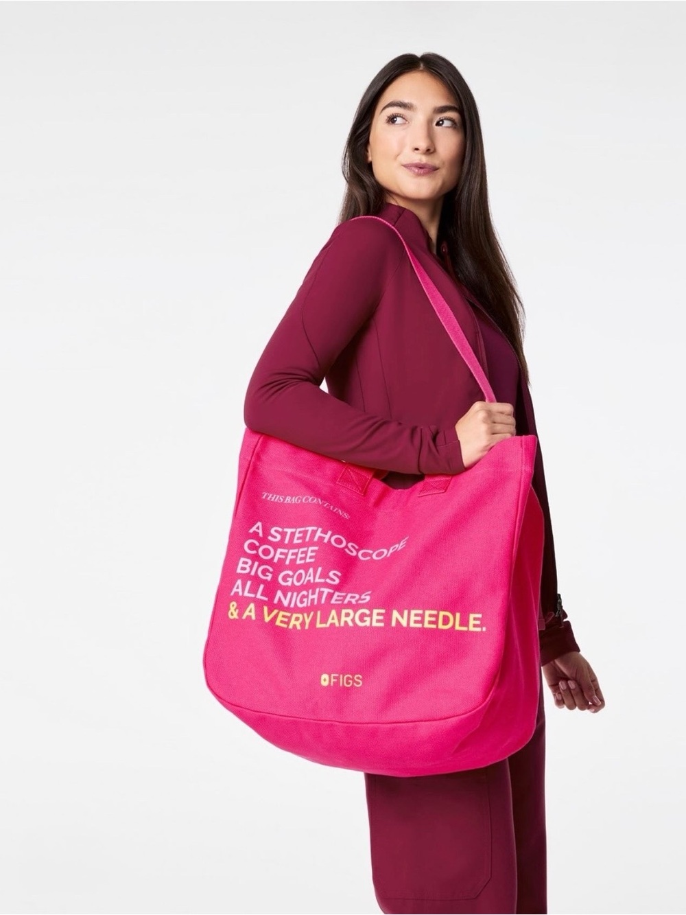 Figs Hot Pink Canvas Tote with White & Yellow Text